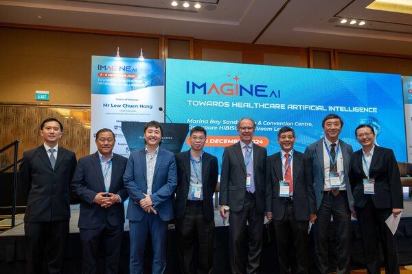 Speakers at IMAGINE AI 2024 include (from left) Adjunct Professor Ngiam Kee Yuan, Head, Academic Informatics Office, National University Health System (NUHS); Professor Chin Jing Jih, Deputy Group Chief Executive Officer (Clinical & Academic Development), National Healthcare Group; Assistant Professor Feng Mengling, Saw Swee Hock School of Public Health, National University of Singapore (NUS); Associate Professor Iain Tan, Deputy Group Chief Medical Informatics Officer (Research), SingHealth; Professor Thomas Coffman, Dean, Duke-NUS Medical School; Professor Yeoh Khay Guan, Chief Executive, NUHS; Professor Joseph Sung, Dean, Lee Kong Chian School of Medicine, Nanyang Technological University and Professor Liu Bin, Deputy President (Research and Technology), NUS.